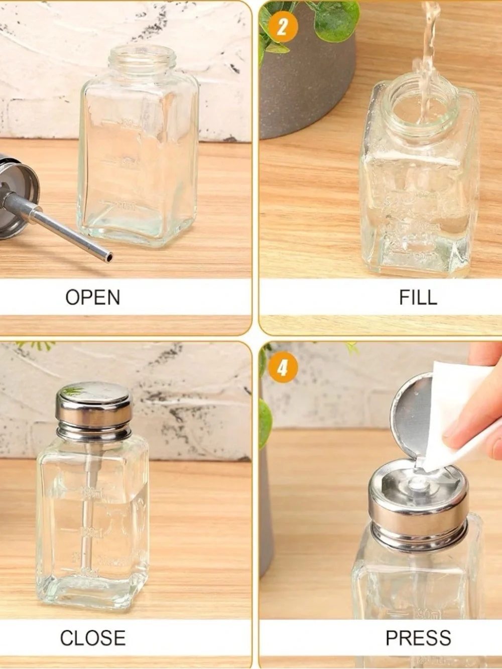 Clear Glass Pump Dispenser Bottle with Stainless Steel Pump and Cap -